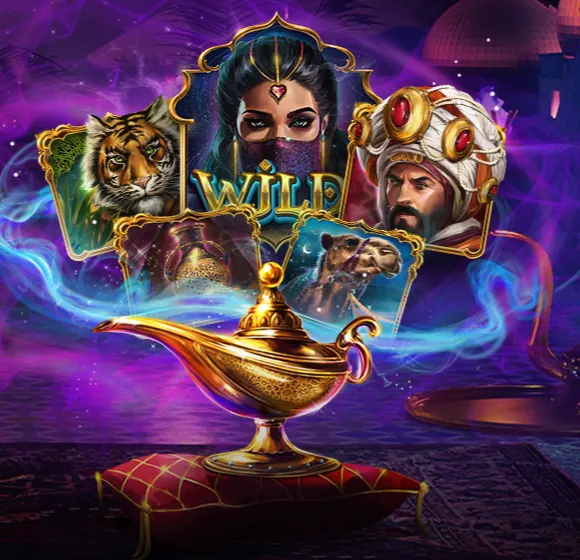 Lámpara dorada sobre un cojín rojo y cartas con un tigre, una dama velada y un sultán, arte promocional de Wild Sultan